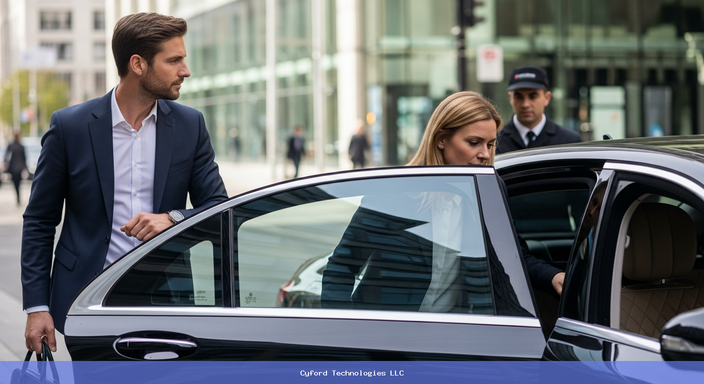 passenger entering premium rideshare vehicle daytime city confident professional
